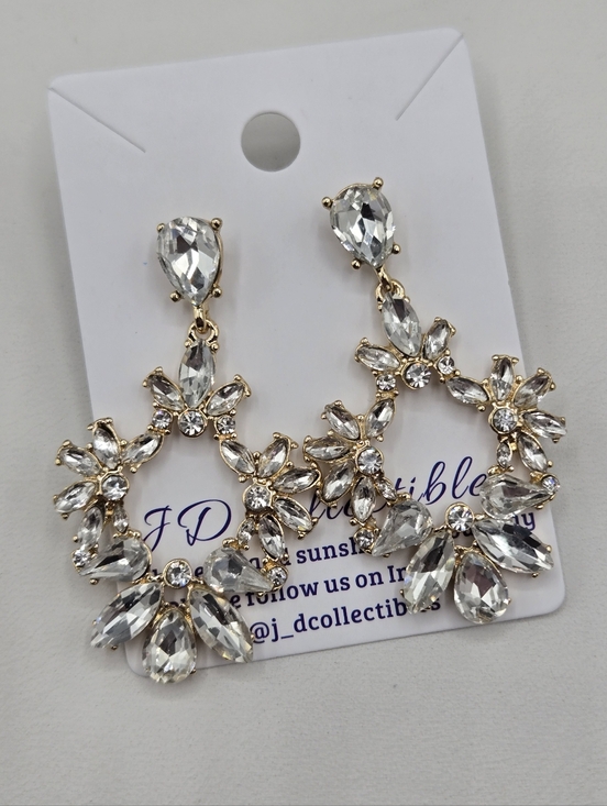 Swarovski Crystal Elements Gold Drop Hoop Earrings 2 inch Floral Wedding Prom - Picture 3 of 6